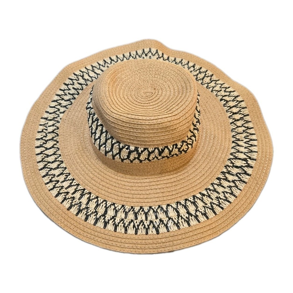 Amiani Sun Hat Womens Summer 7" Beige Wide Brim Beach Straw Festival Lightweight